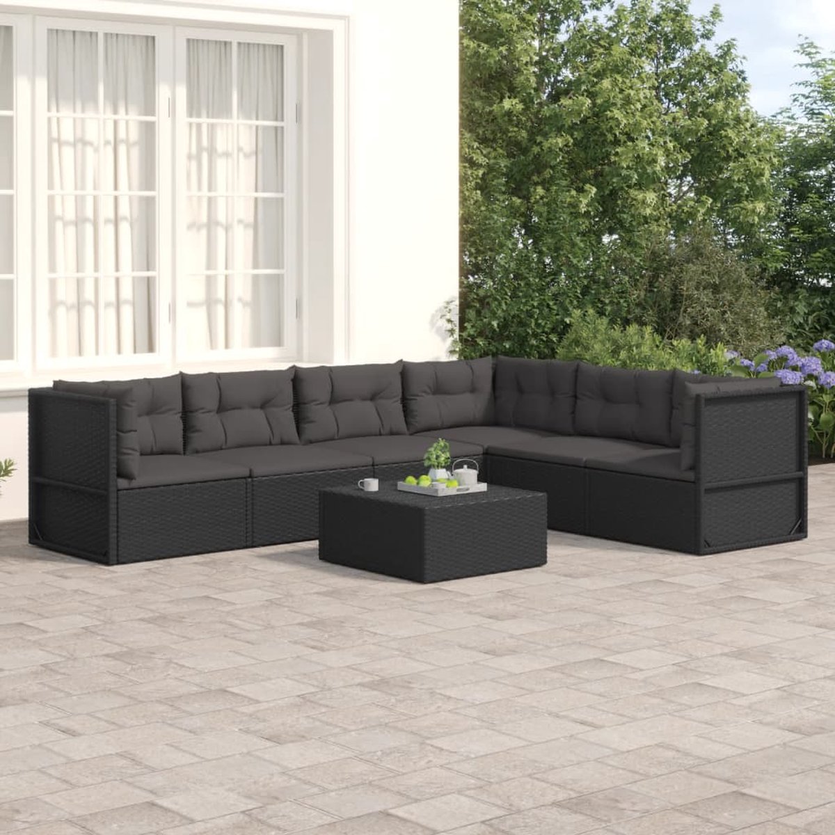 vidaXL 6-delige Loungeset met kussens poly rattan - Zwart