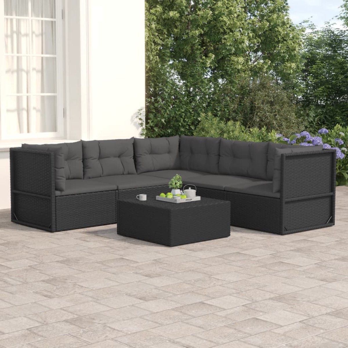 vidaXL 5-delige Loungeset met kussens poly rattan - Zwart