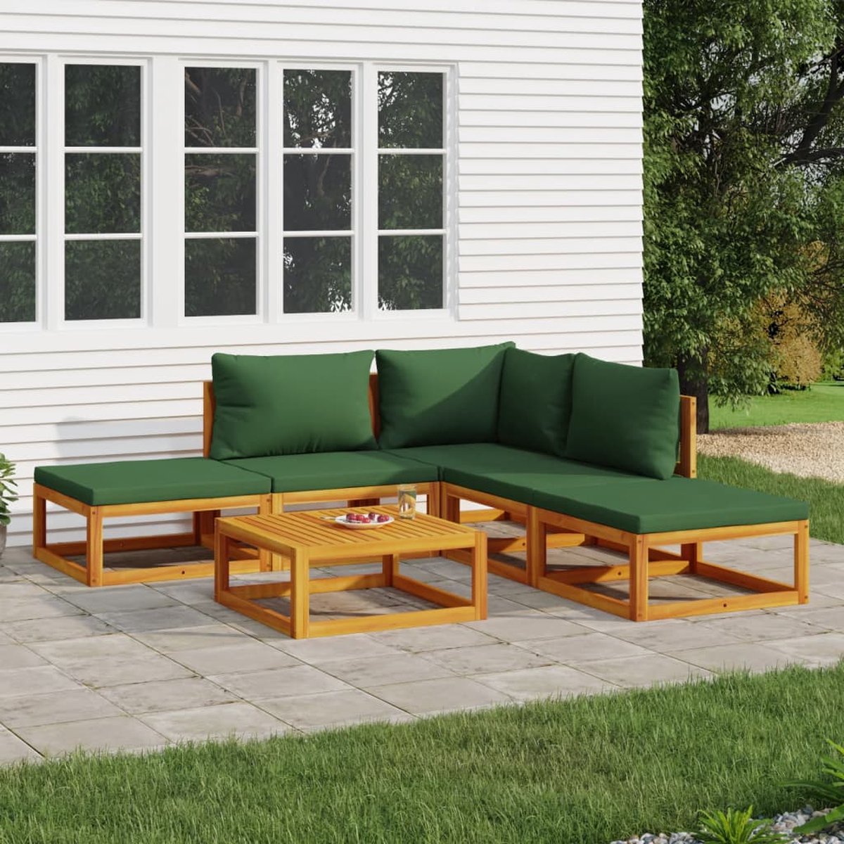 vidaXL 6-delige Loungeset met groene kussens massief hout - Bruin