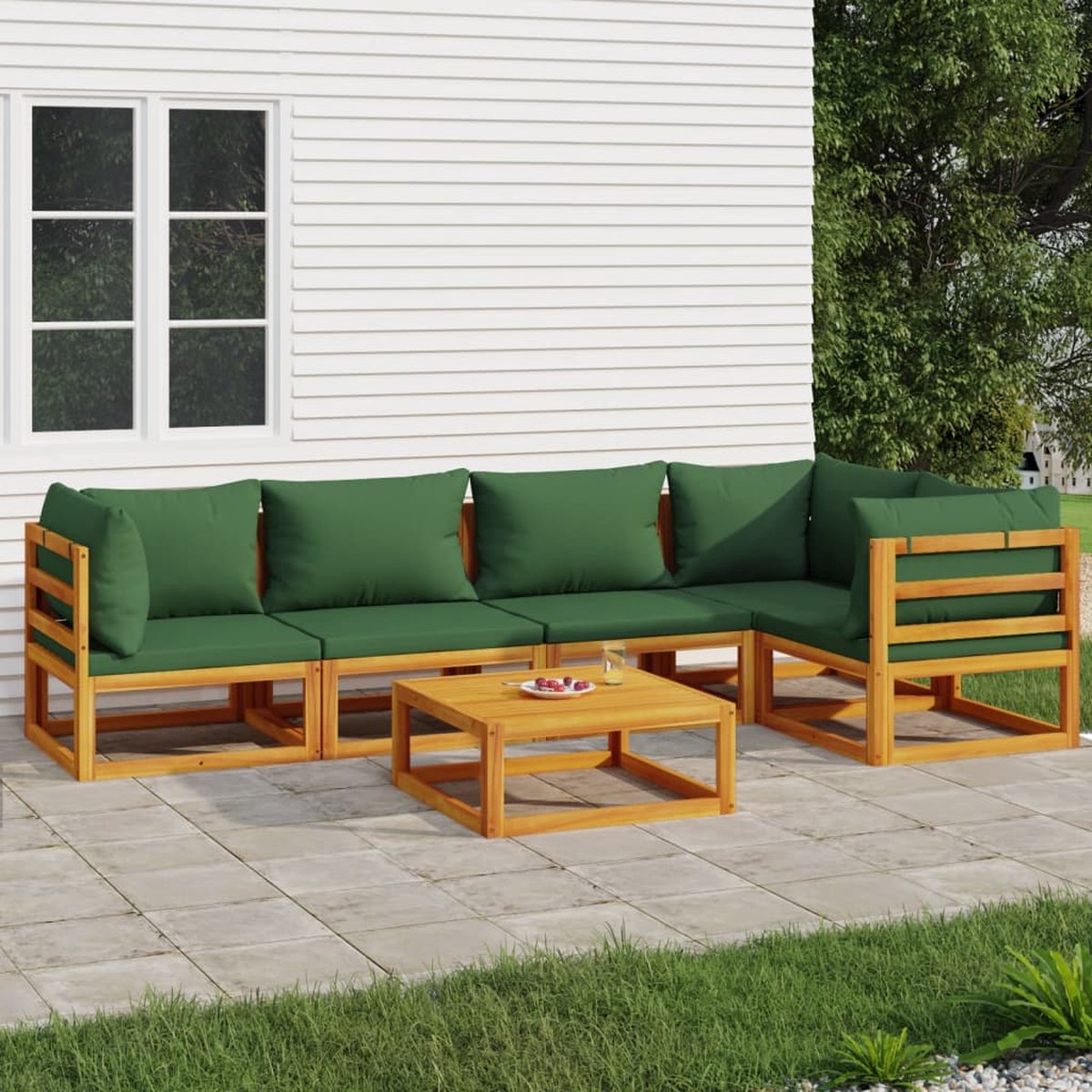 vidaXL 6-delige Loungeset met groene kussens massief hout - Bruin