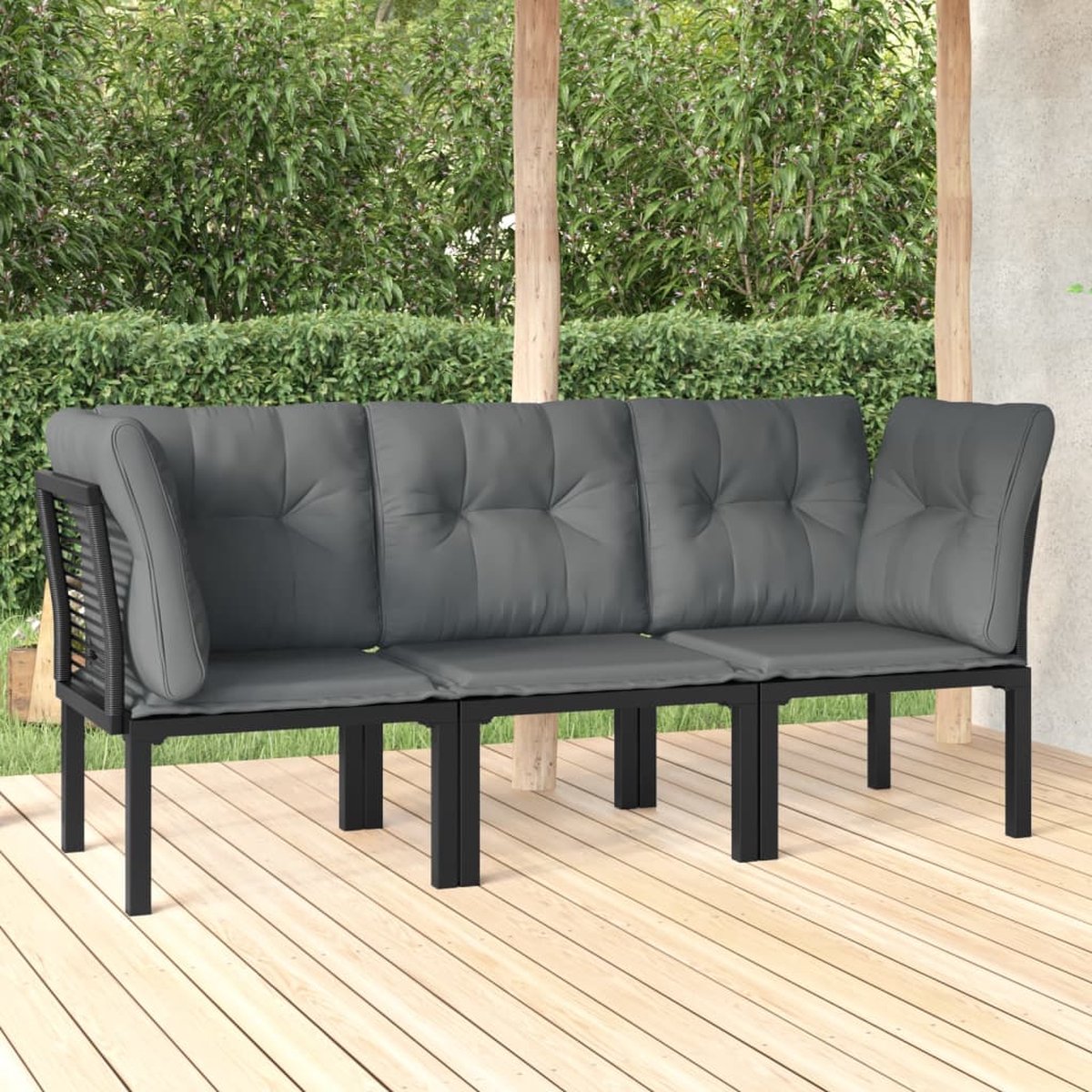 vidaXL 3-delige Loungeset met kussens poly rattan en grijs - Zwart