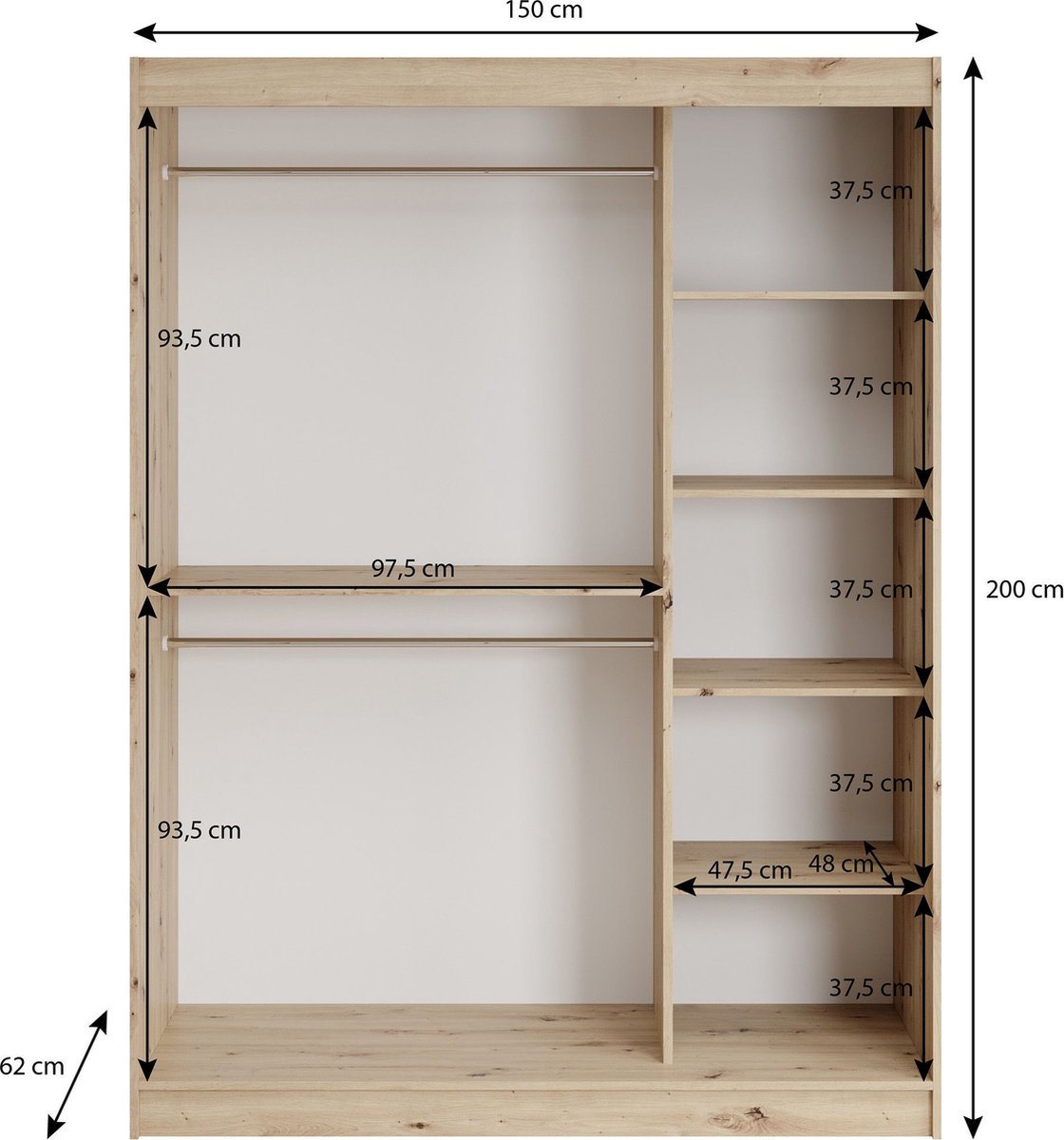 Meubella - Kledingkast Lisbon 1 - Mat Zwart - 150 cm