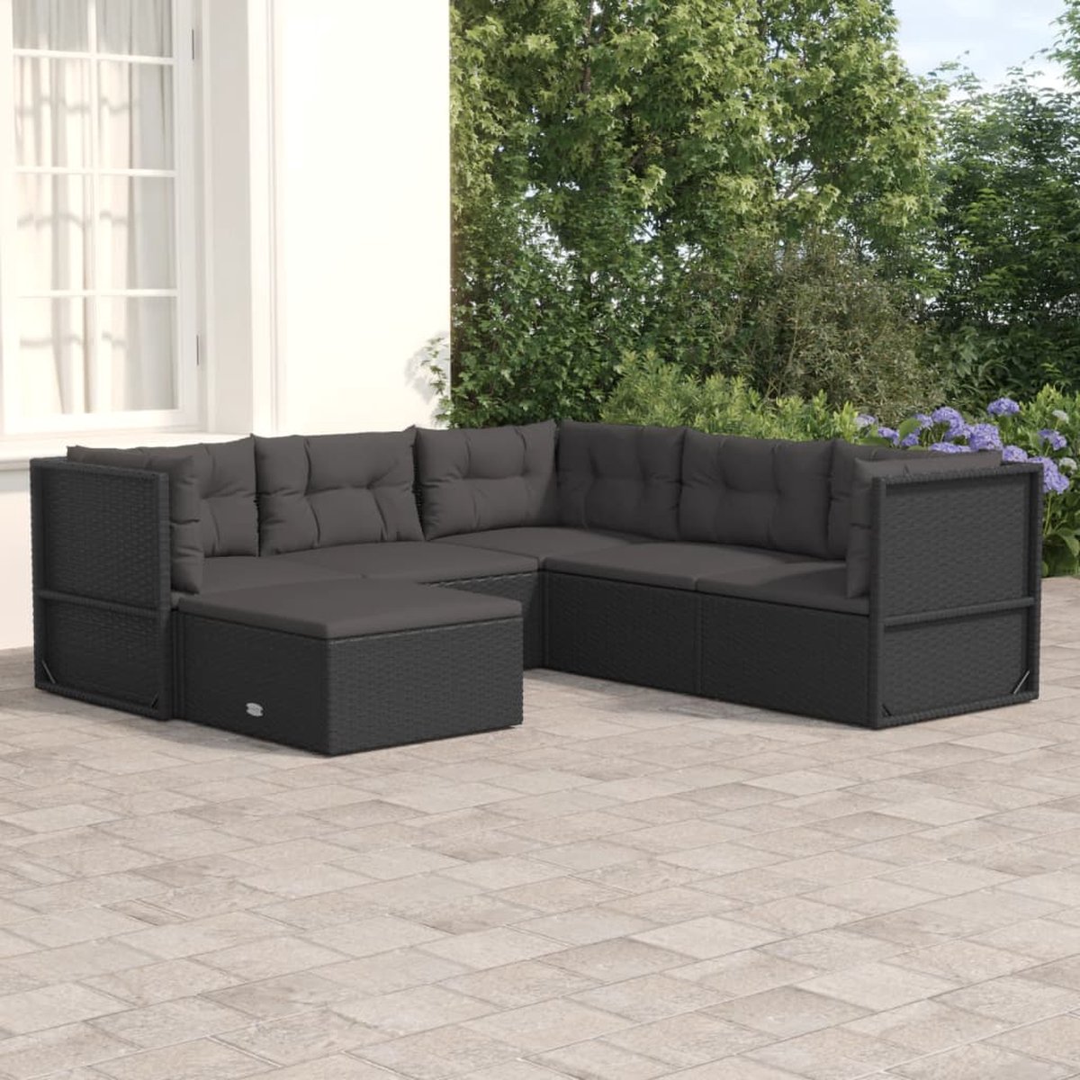 vidaXL 6-delige Loungeset met kussens poly rattan - Zwart