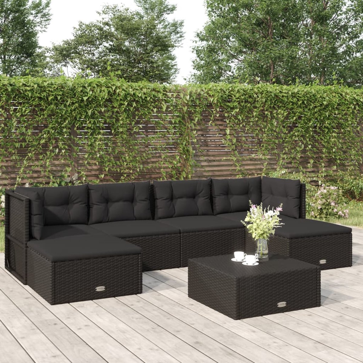 vidaXL 6-delige Loungeset met kussens poly rattan - Zwart