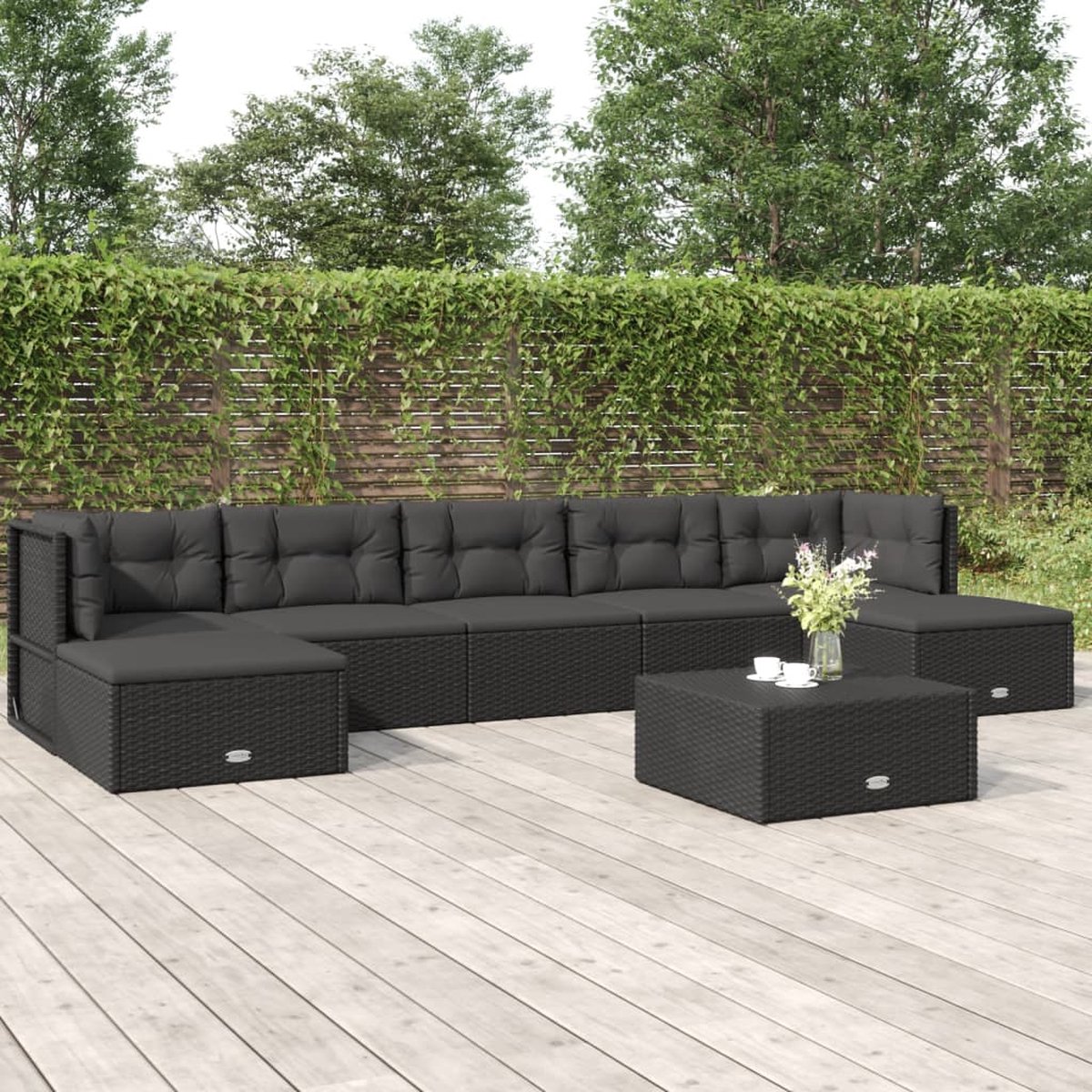 vidaXL 7-delige Loungeset met kussens poly rattan - Zwart