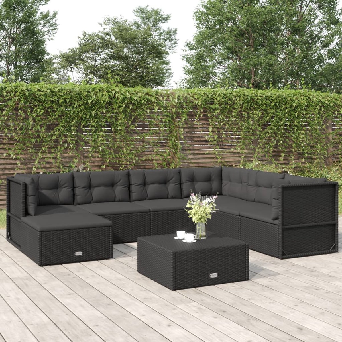 vidaXL 7-delige Loungeset met kussens poly rattan - Zwart