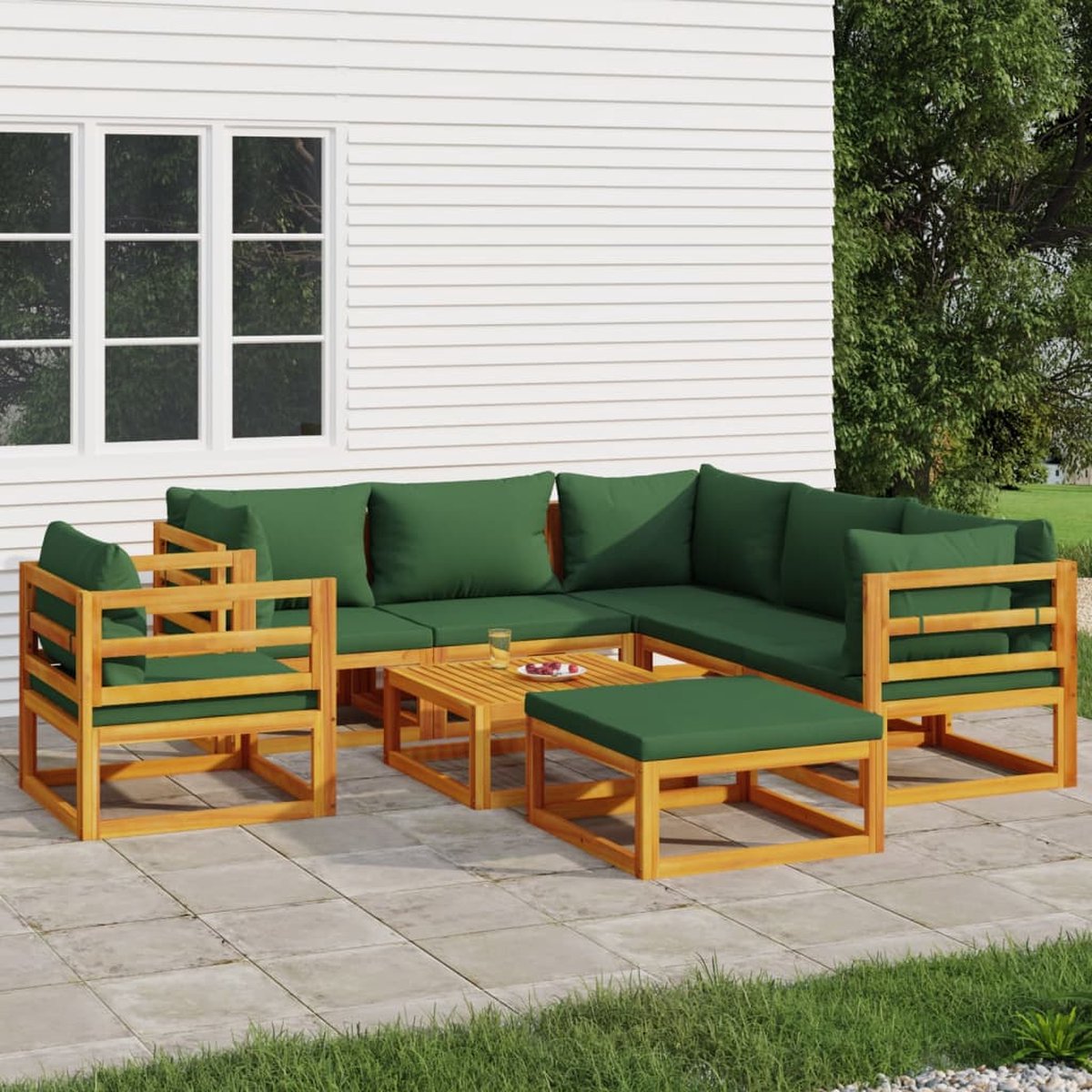 vidaXL 8-delige Loungeset met groene kussens massief hout - Bruin