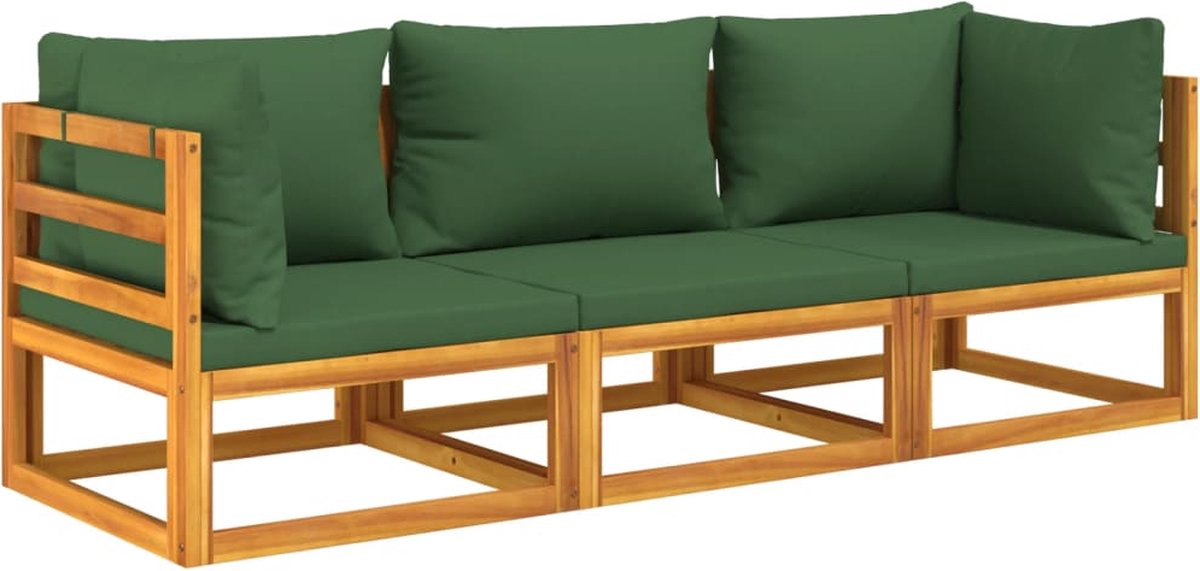 vidaXL 3-delige Loungeset met groene kussens massief hout - Bruin