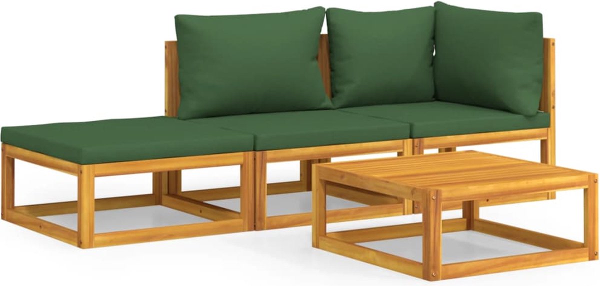 vidaXL 4-delige Loungeset met groene kussens massief hout - Bruin