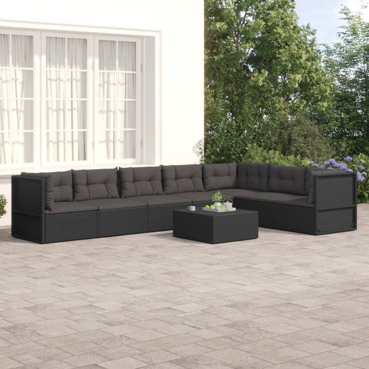 vidaXL 7-delige Loungeset met kussens poly rattan - Zwart