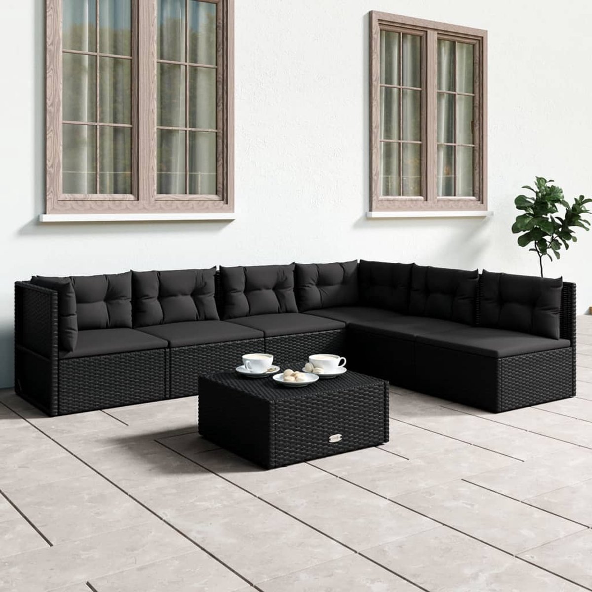 vidaXL 6-delige Loungeset met kussens poly rattan - Zwart