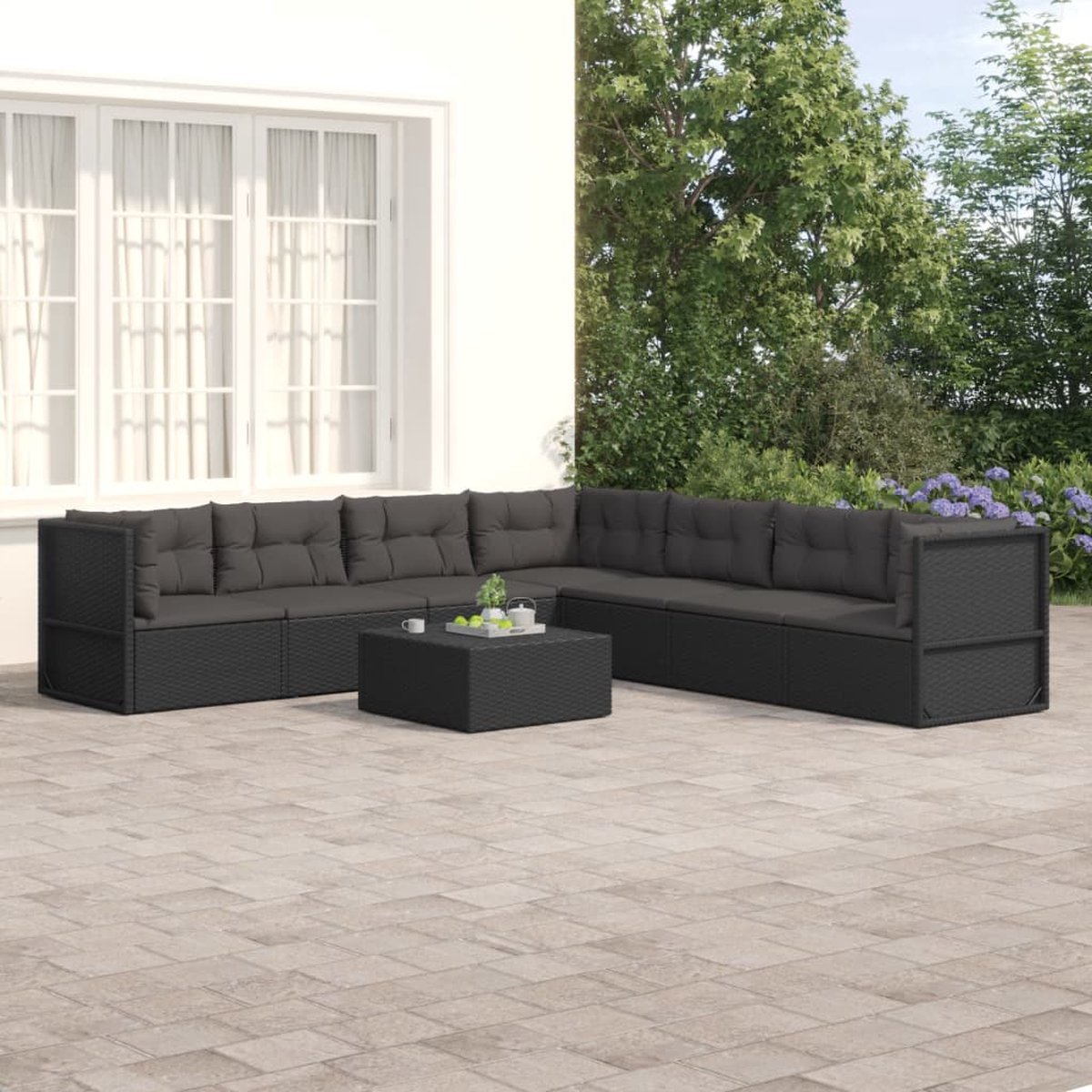 vidaXL 7-delige Loungeset met kussens poly rattan - Zwart