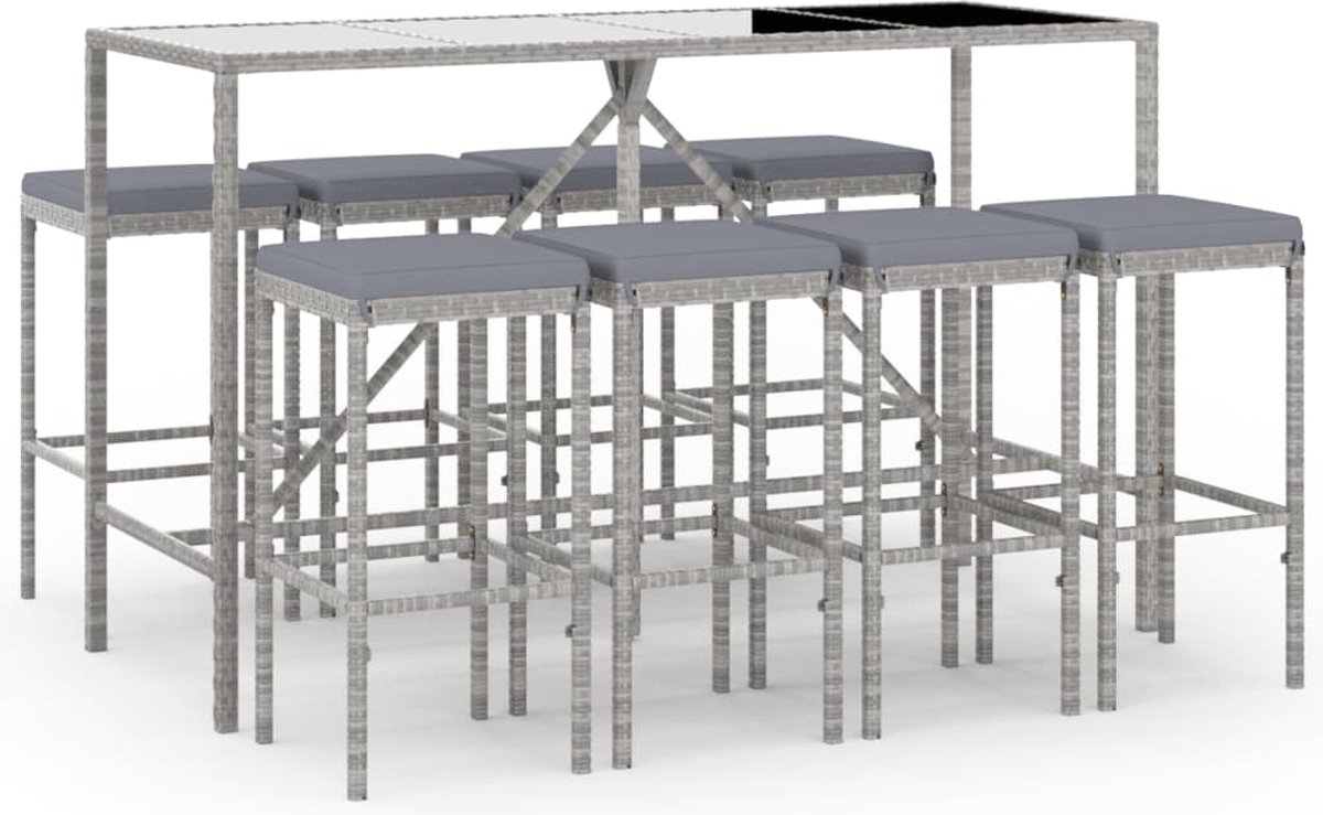 vidaXL 9-delige Tuinbarset met kussens poly rattan - Grijs