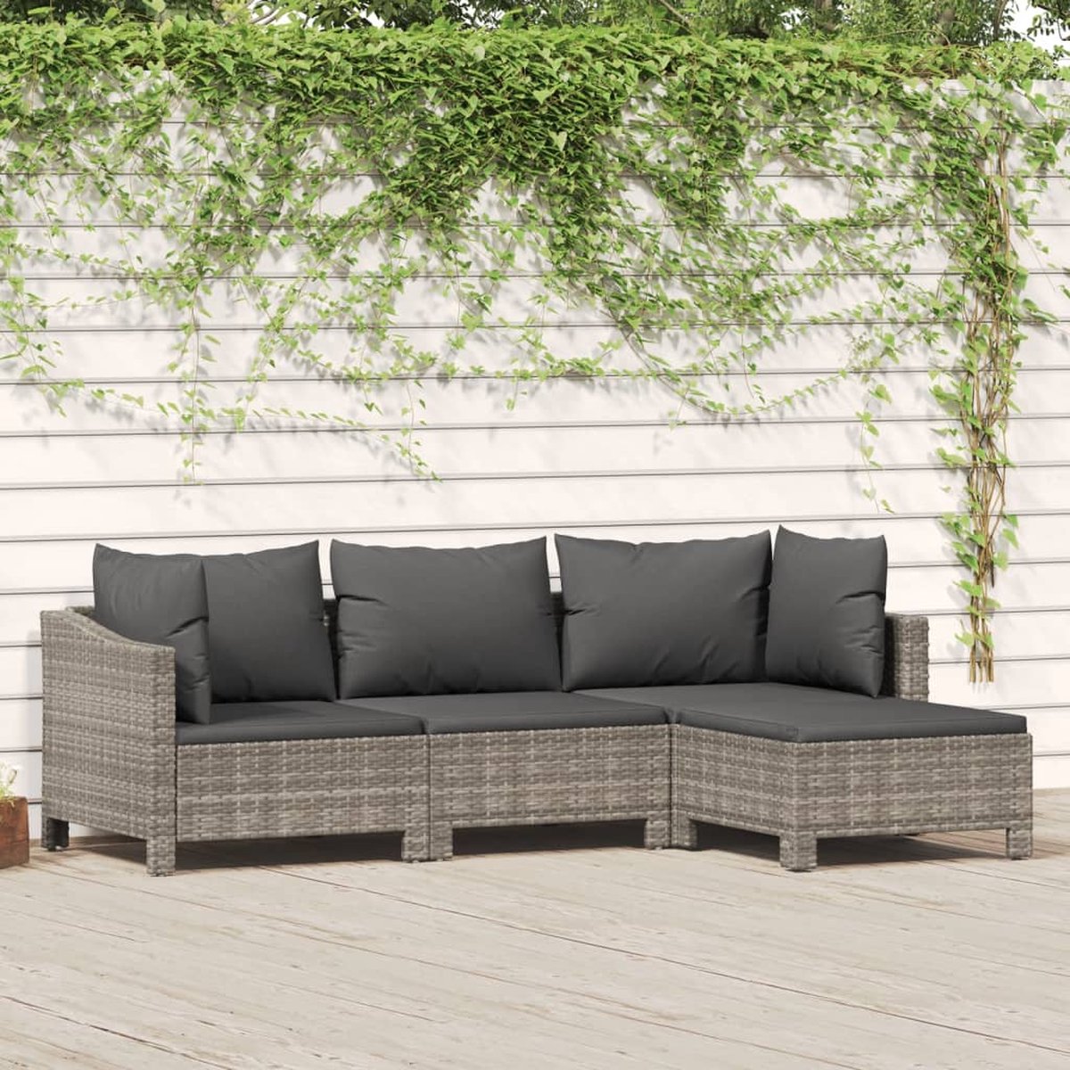 vidaXL 4-delige Loungeset met kussens poly rattan - Grijs