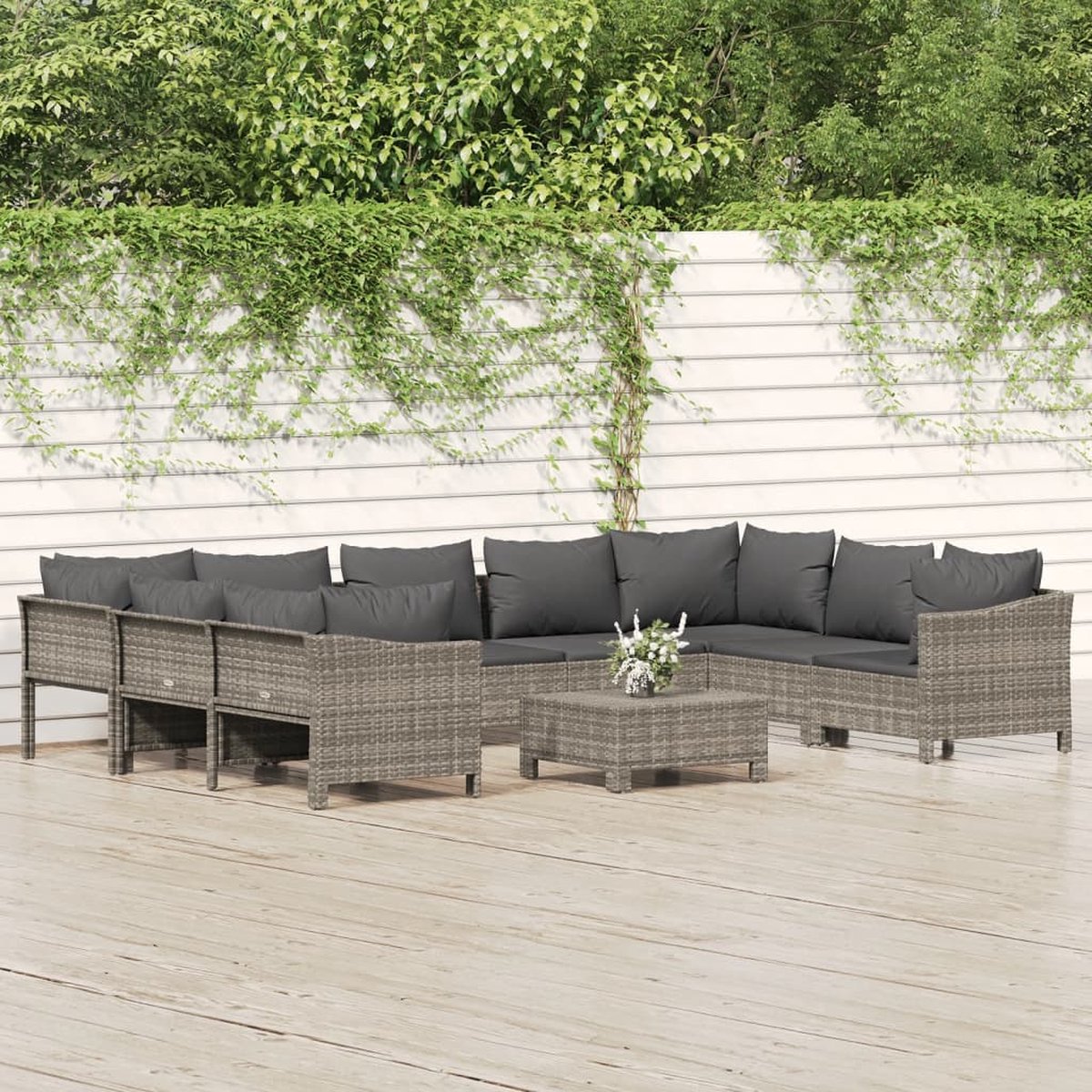 vidaXL 10-delige Loungeset met kussens poly rattan - Grijs