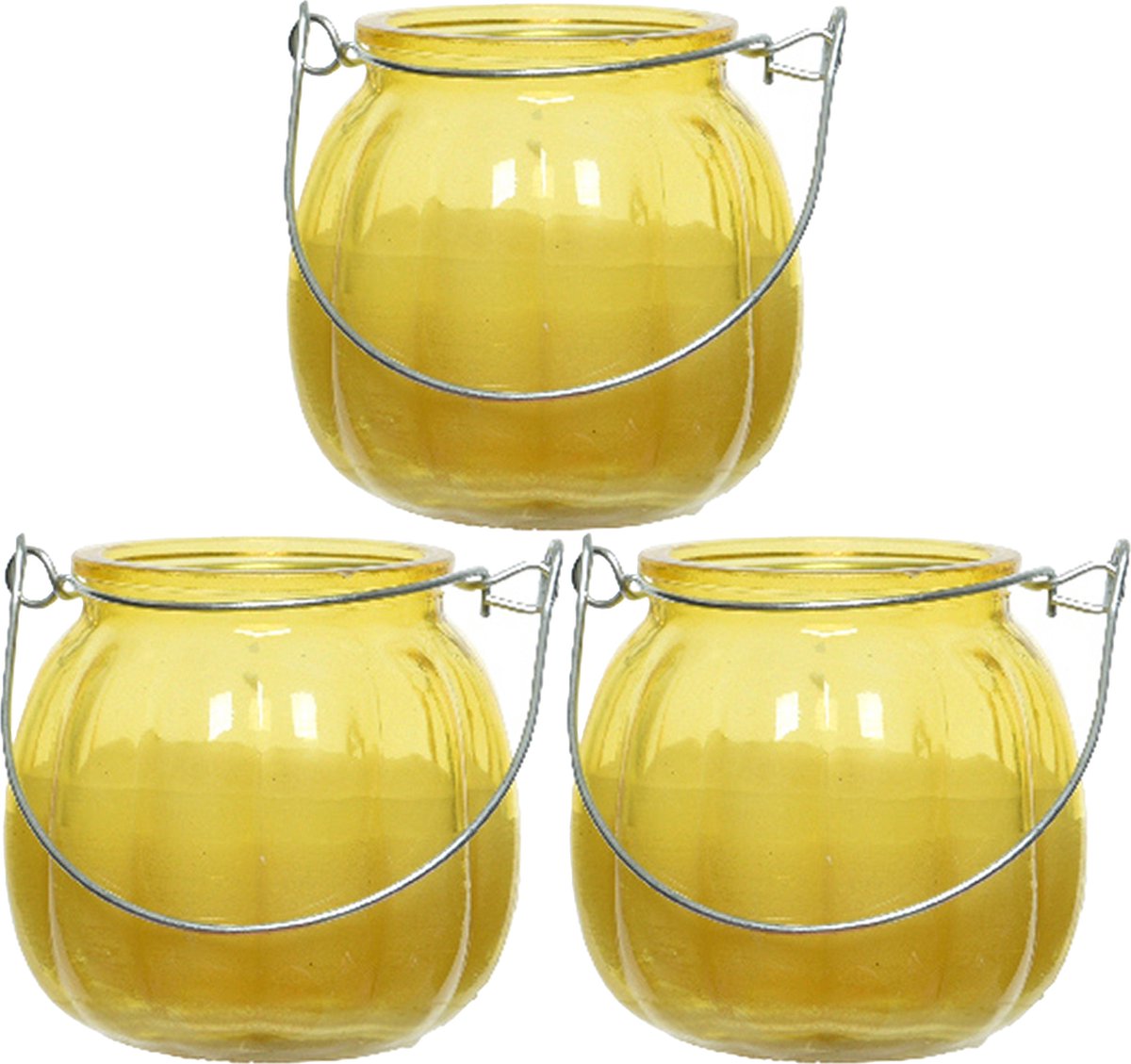 Decoris 3x citronella kaarzen - glas - anti muggen - 15 branduren - D8 x H8 cm - geurkaarsen - Geel