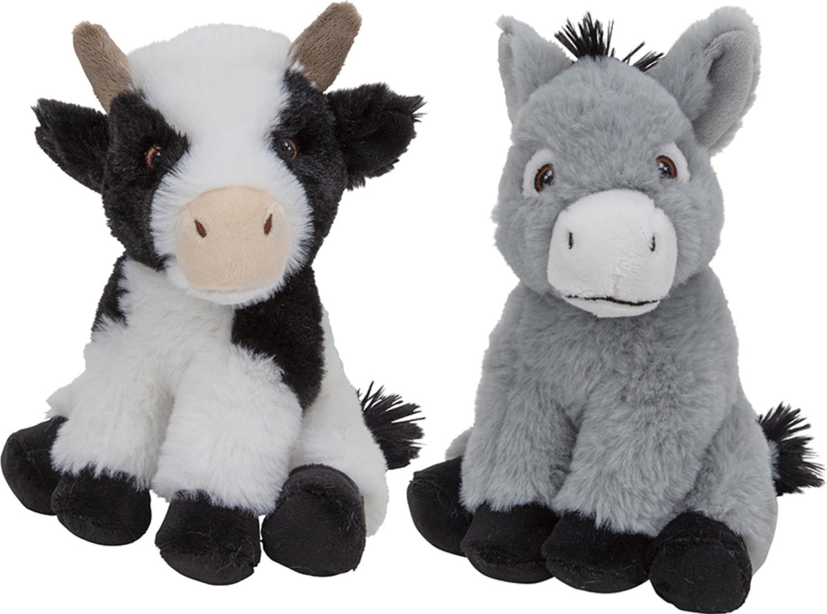 Pluche boerderijdieren knuffels Koe en Ezel setje van 19 en 16 cm - Knuffel boederijdieren