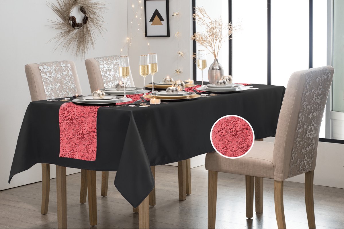 Santex Feest tafelkleed met pailletten tafelloper - op rol - zwart/ - 10 meter - Feesttafelkleden - Rood