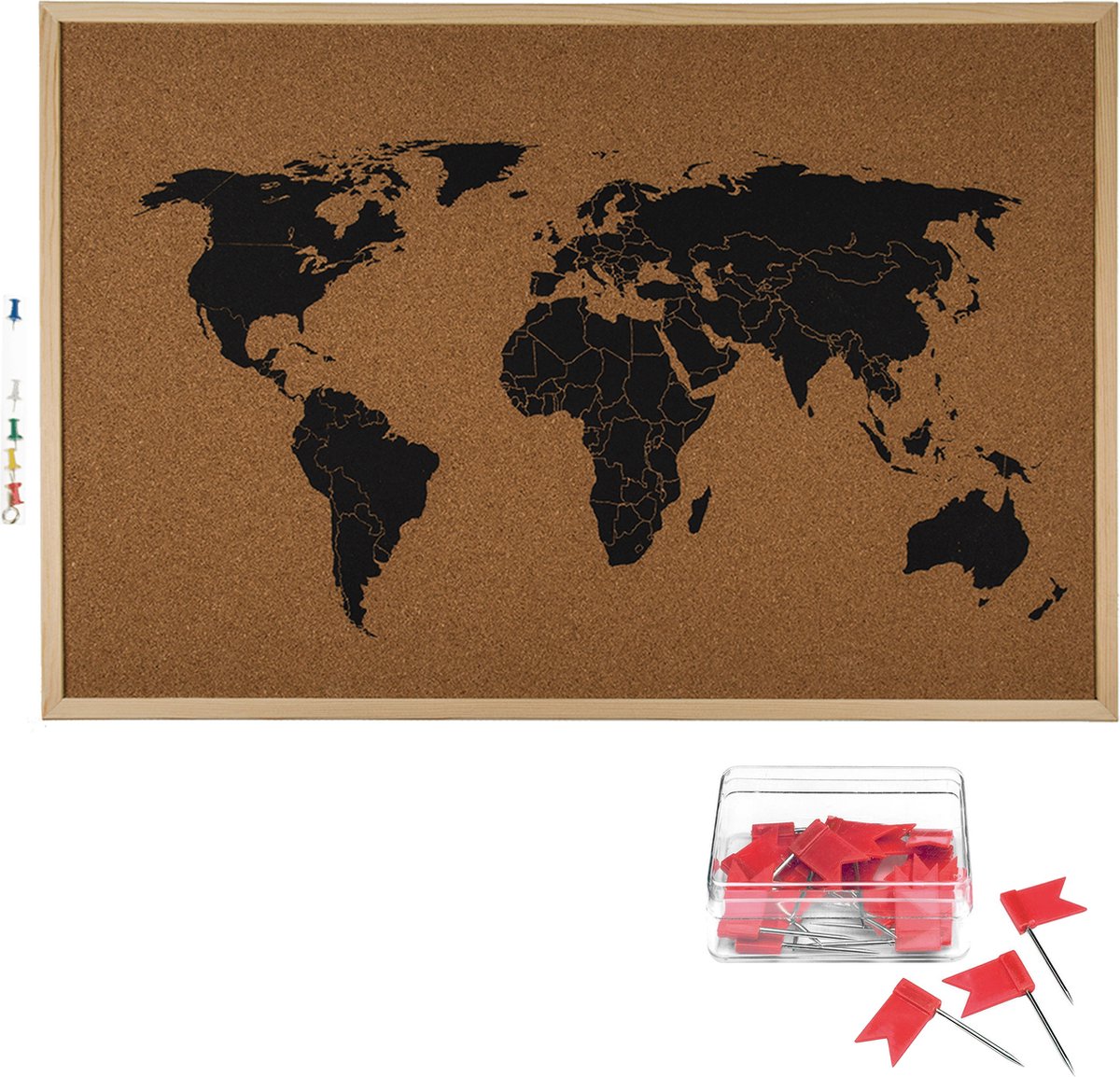 Out of the Blue Prikbord wereldkaart met 20x punaise vlaggetjes rood - 60 x 40 cm - kurk - Prikborden - Bruin