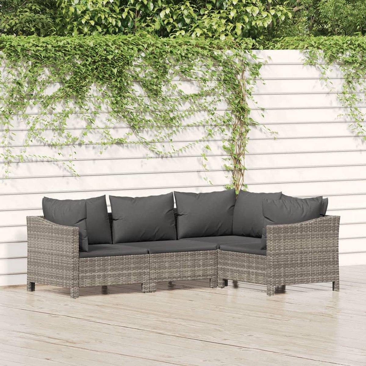 vidaXL 4-delige Loungeset met kussens poly rattan - Grijs