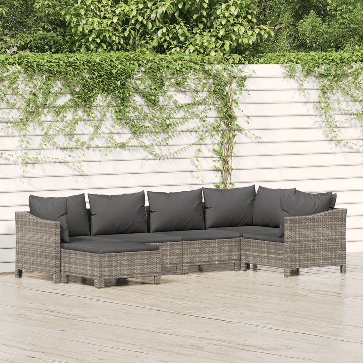 vidaXL 6-delige Loungeset met kussens poly rattan - Grijs