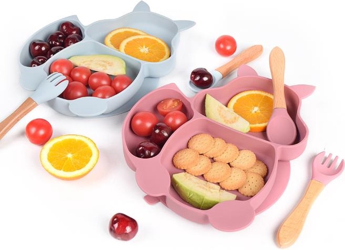 Dutsi - Siliconen Baby en Kind Serviesset - Zuignap bord + Lepel + Fork - Wijnrood Vosje