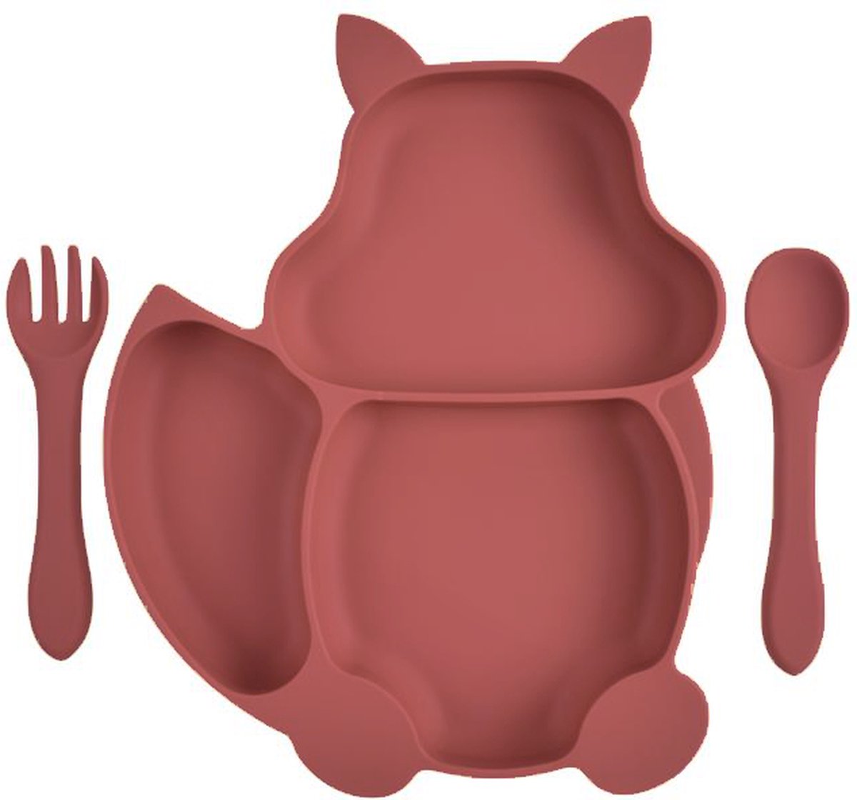Dutsi - Siliconen Baby en Kind Serviesset - Zuignap bord + Lepel + Fork - Wijnrood Vosje
