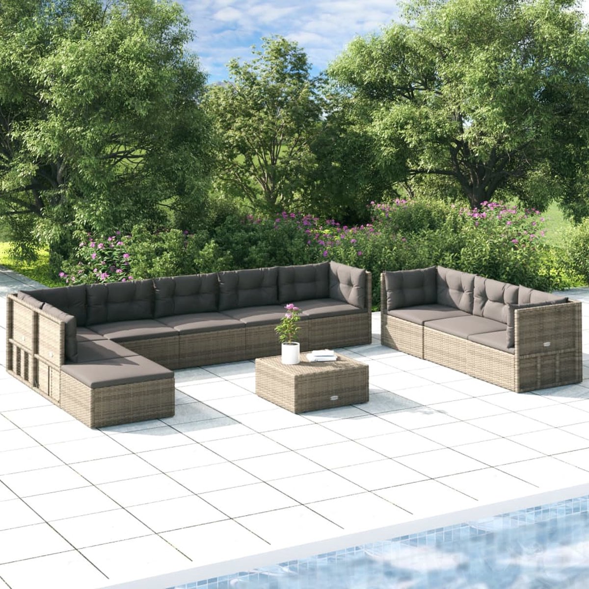 vidaXL 10-delige Loungeset met kussens poly rattan - Grijs