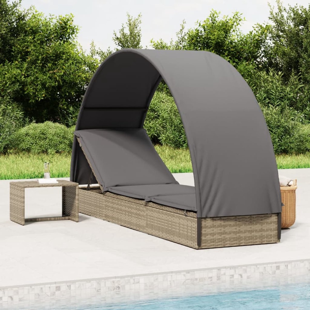 vidaXL Ligbed met rond dak 211x57x140 cm poly rattan - Grijs