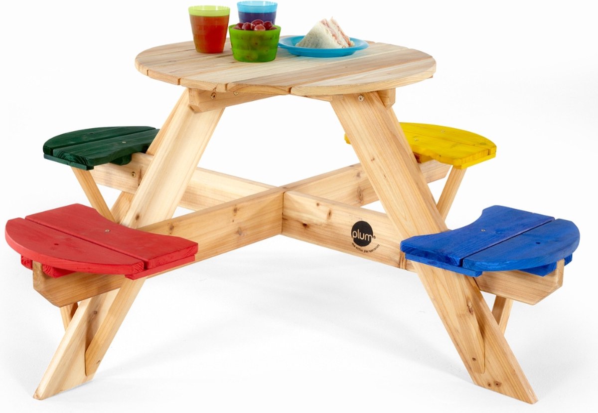 Plum Ronde Kinder Picknicktafel met gekleurde stoelen - Hout - Naturel - Bruin