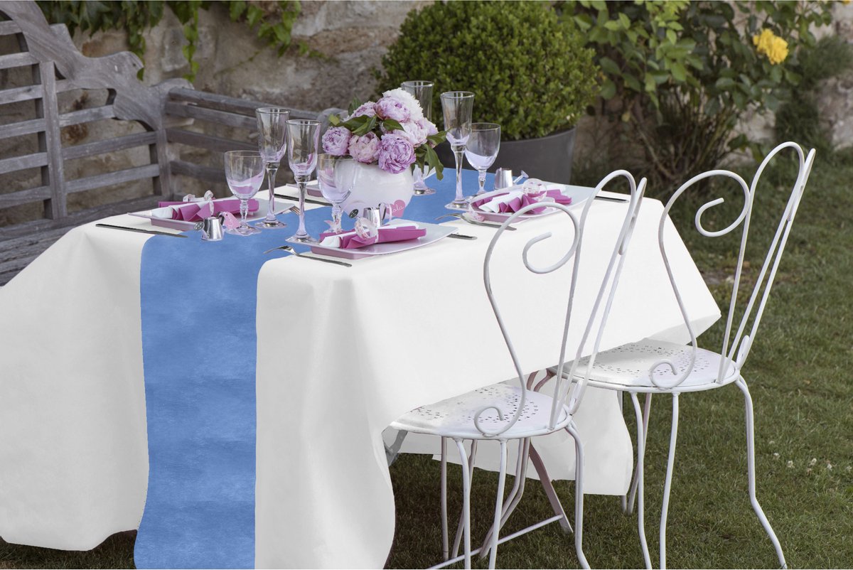 Santex Feest tafelkleed met tafelloper - op rol - wit/donker - 10 meter - Feesttafelkleden - Blauw