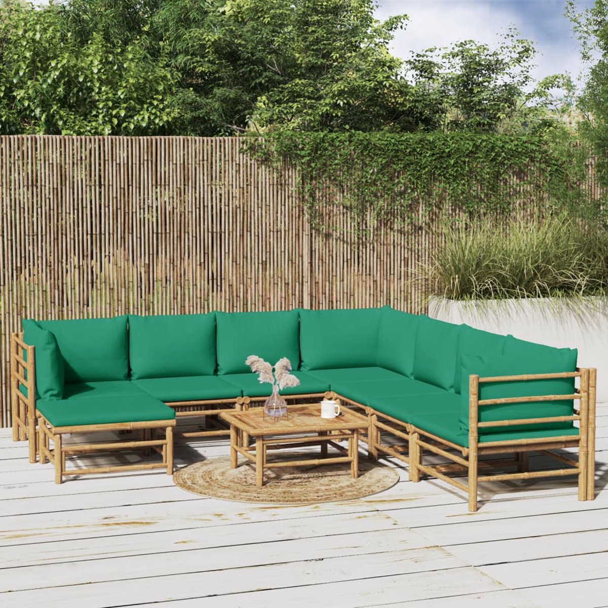 vidaXL 9-delige Loungeset met kussens bamboe groen - Bruin