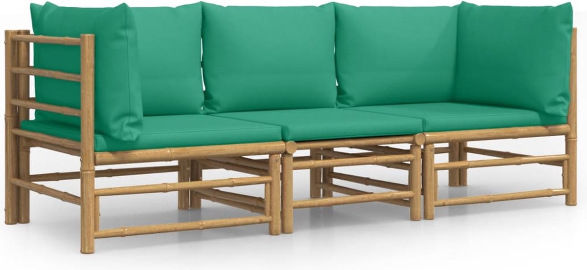 vidaXL 3-delige Loungeset met kussens bamboe groen - Bruin