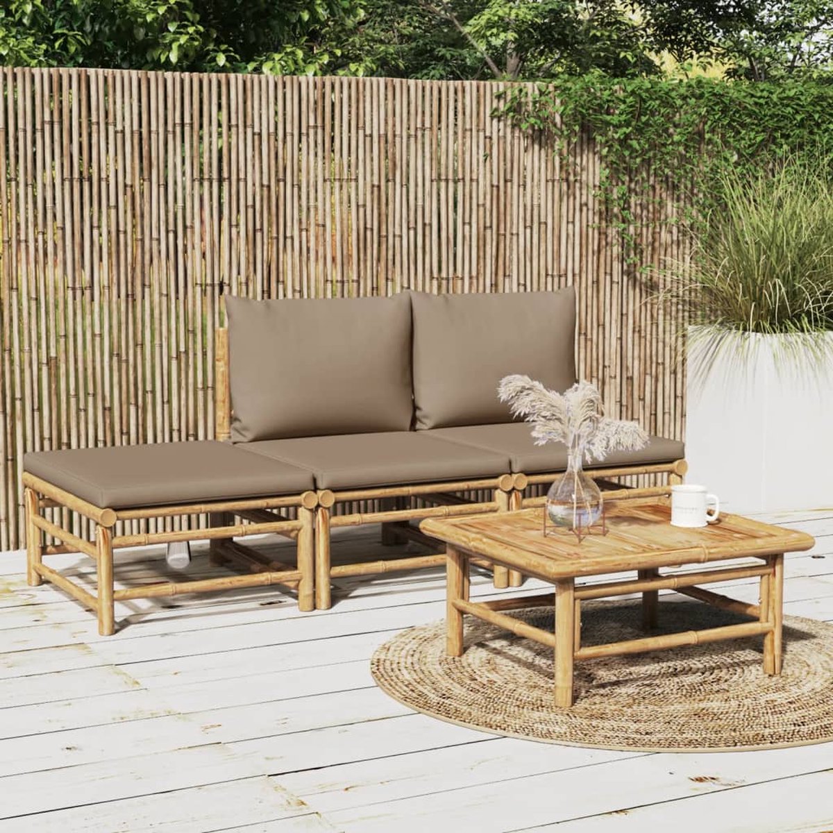 vidaXL 4-delige Loungeset met kussens bamboe taupe - Bruin