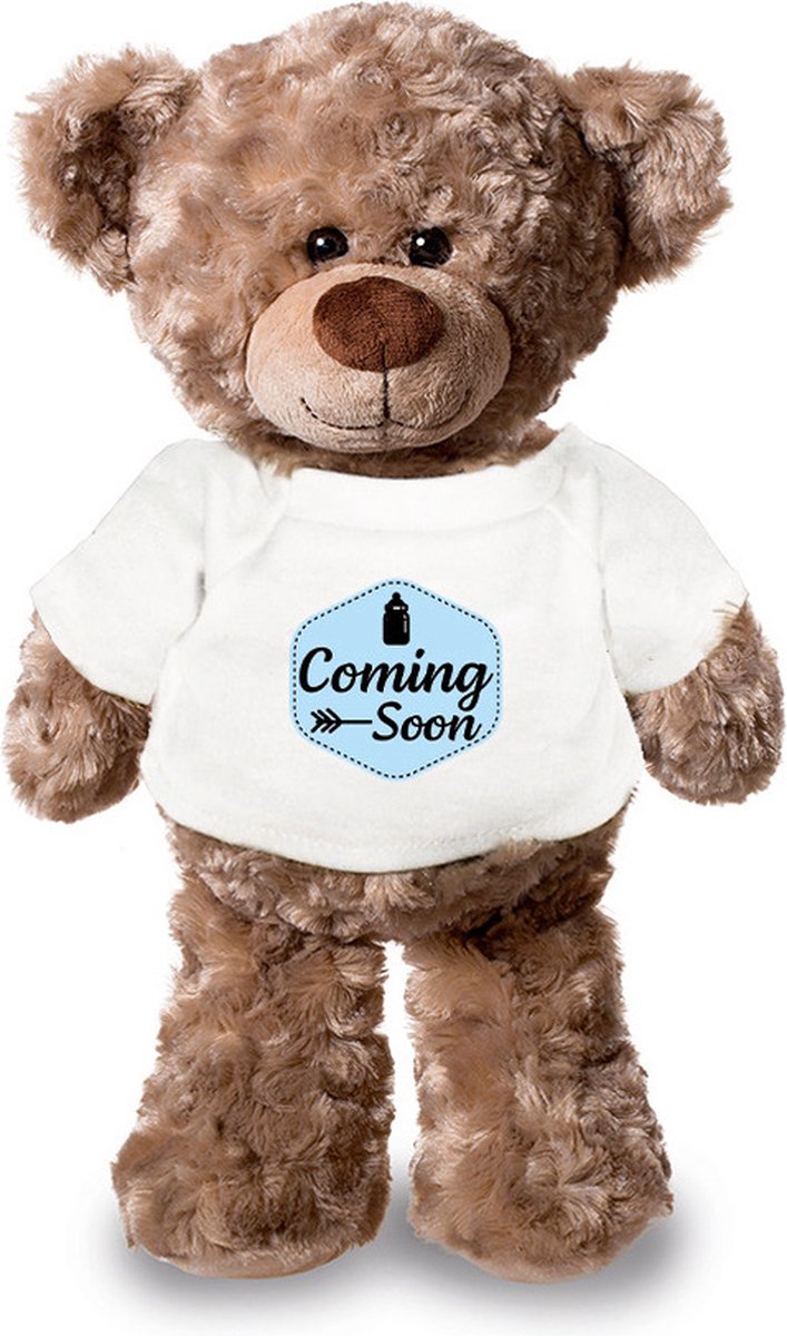 Bellatio Decorations Coming soon aankondiging jongen pluche teddybeer knuffel 24 cm - Knuffelberen - Blauw