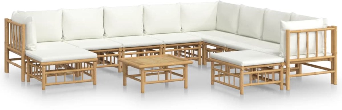 vidaXL 11-delige Loungeset met kussens bamboe crèmewit - Marrón