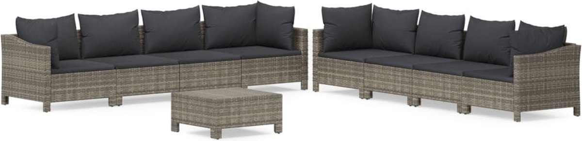 vidaXL 9-delige Loungeset met kussens poly rattan - Gris