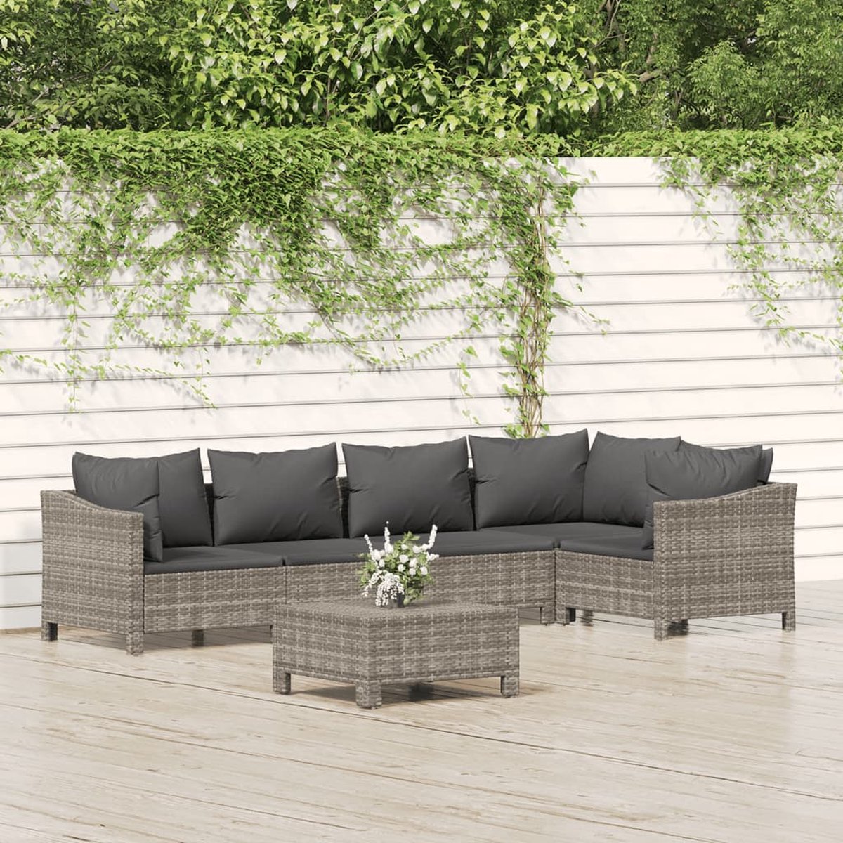 vidaXL 6-delige Loungeset met kussens poly rattan - Grijs