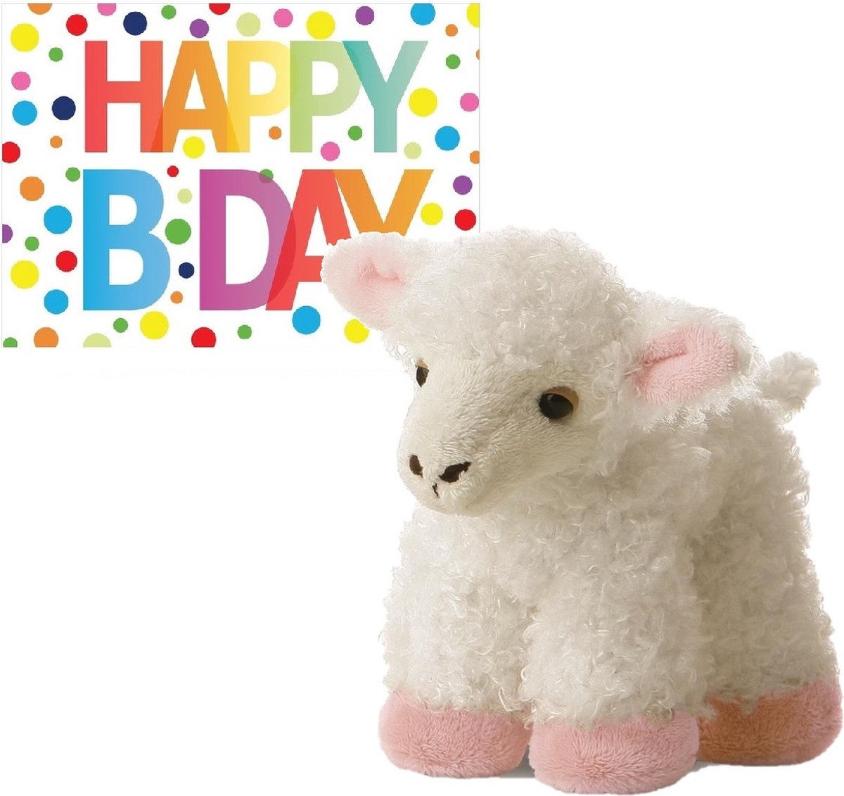 Pluche knuffel lammetje/schaap 20 cm met A5-size Happy Birthday wenskaart - Knuffel boederijdieren