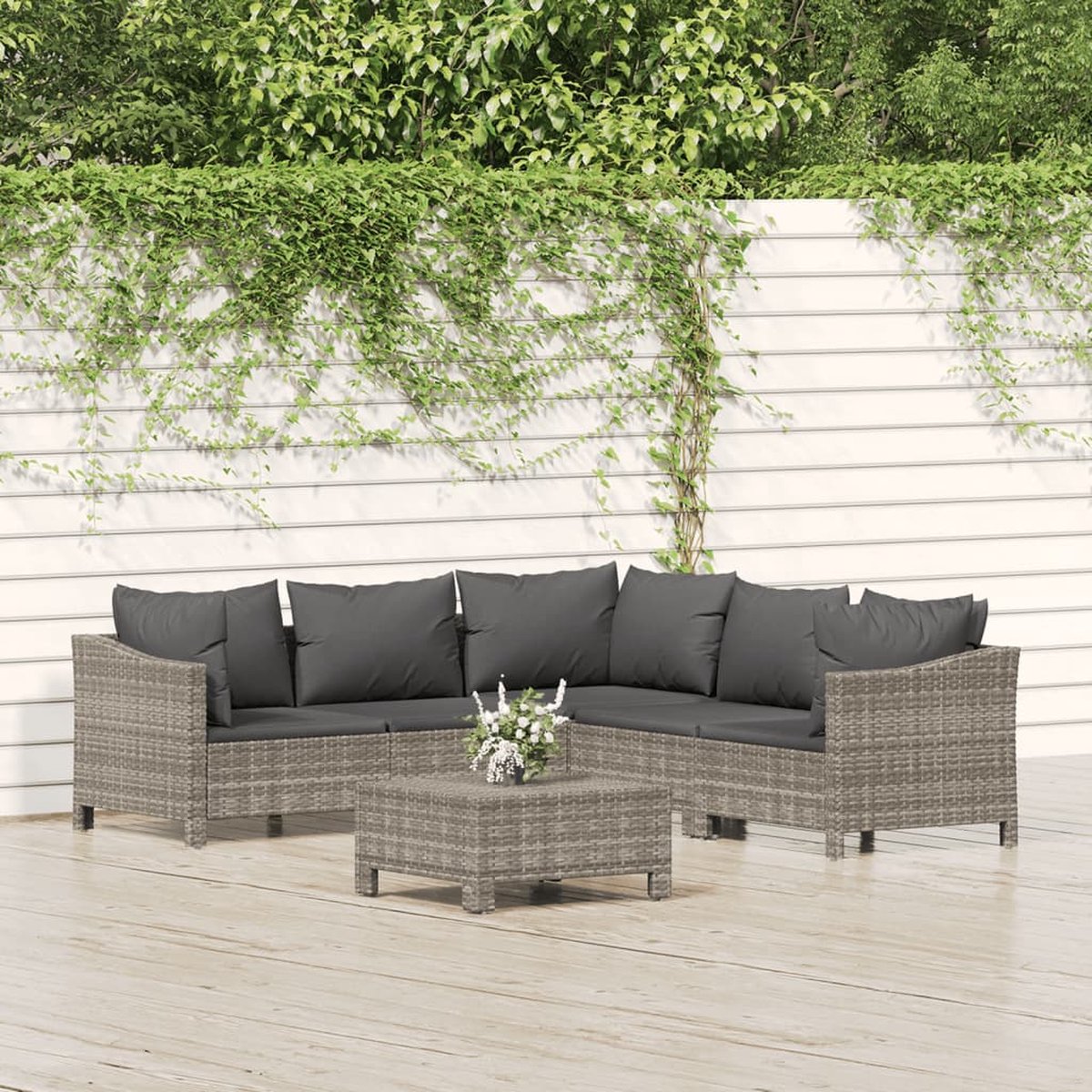 vidaXL 6-delige Loungeset met kussens poly rattan - Grijs