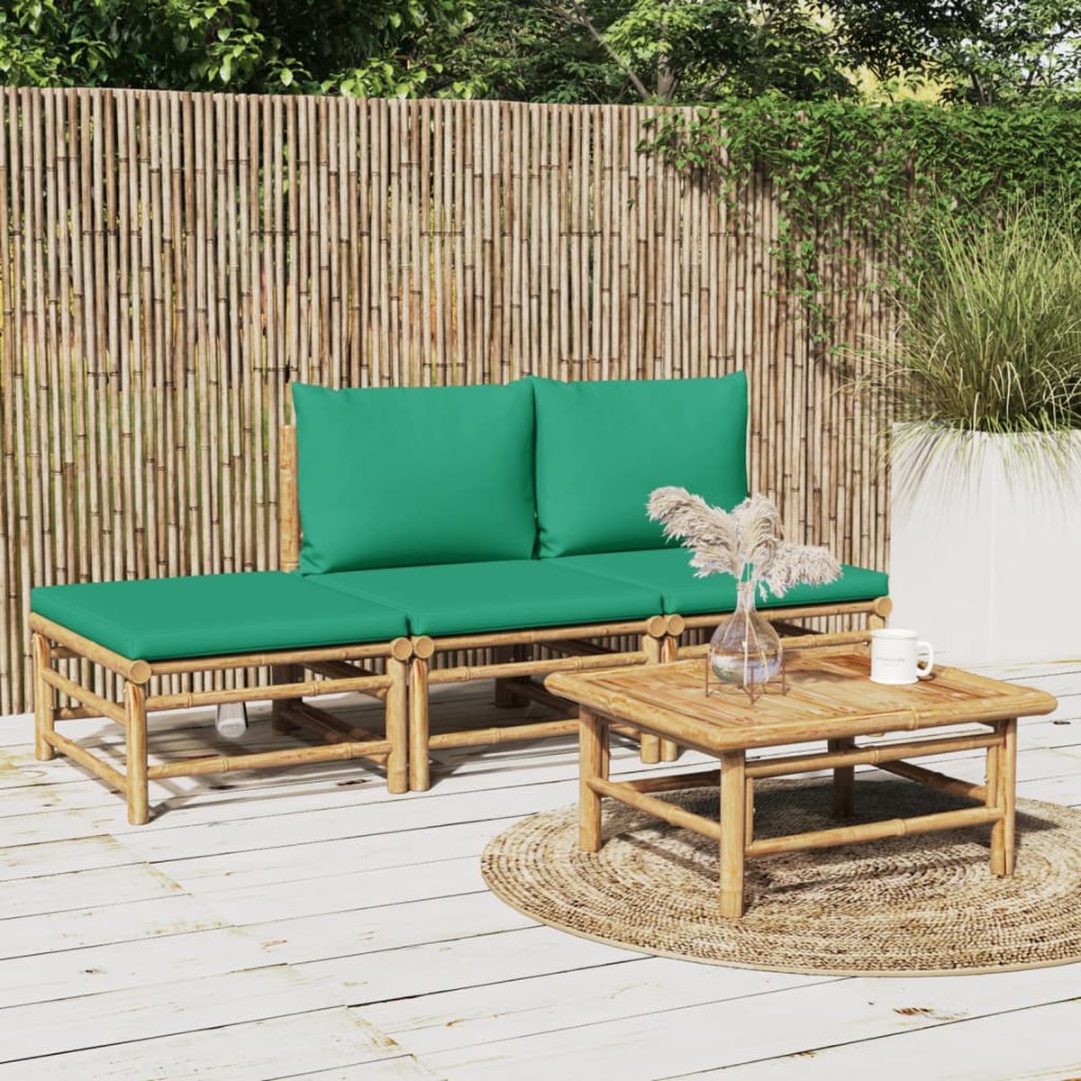 vidaXL 4-delige Loungeset met kussens bamboe groen - Bruin