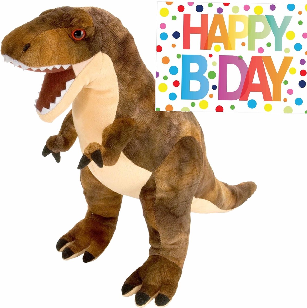 Wild Republic Pluche knuffel Dino T-rex van 25 cm met A5-size Happy Birthday wenskaart - Knuffeldier - Bruin