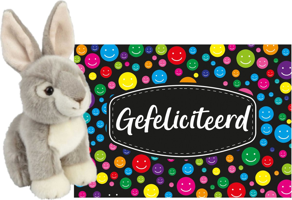 Pluche knuffel cadeau Konijn 18 cm met A5-size Gefeliciteerd wenskaart - Knuffel huisdieren - Grijs