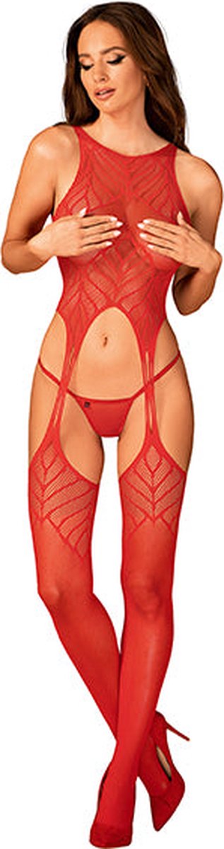 Obsessive Mesh Catsuit Met Jarretel Design - Rood