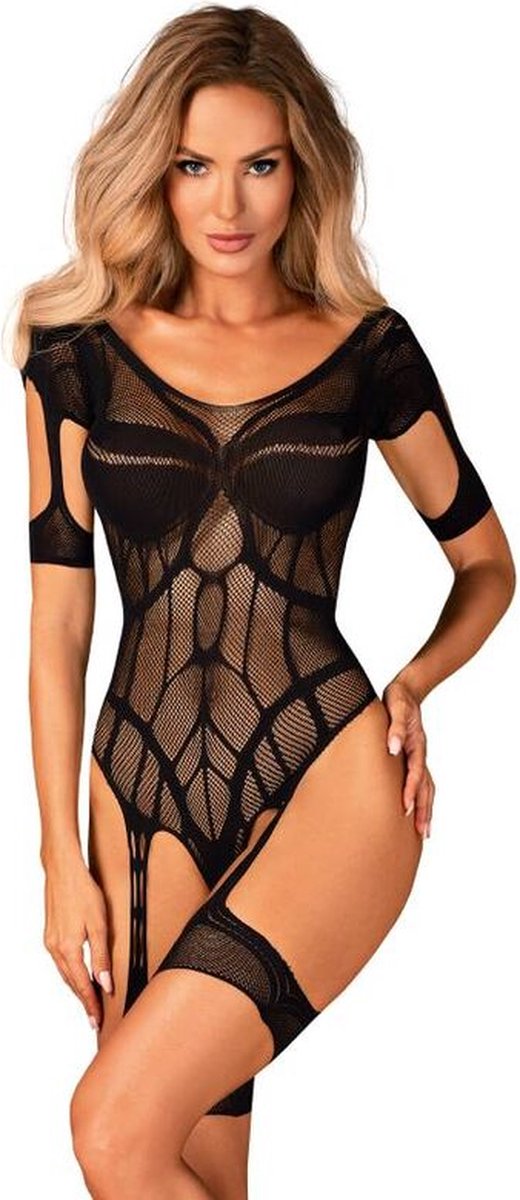 Obsessive Mesh Body Met Jarretel Design - Zwart