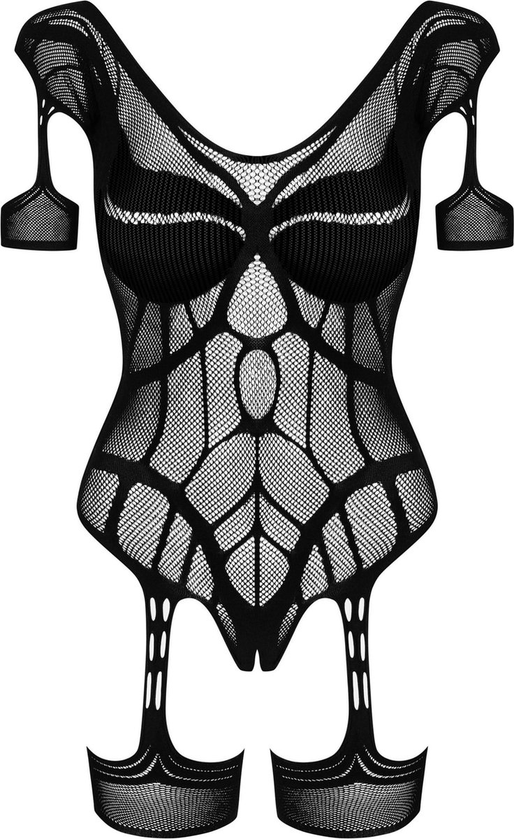 Obsessive Mesh Body Met Jarretel Design - Zwart