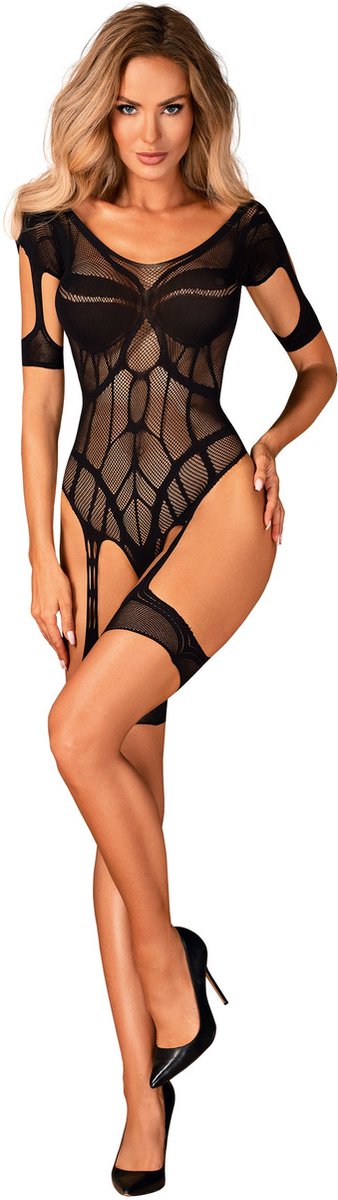 Obsessive Mesh Body Met Jarretel Design - Zwart
