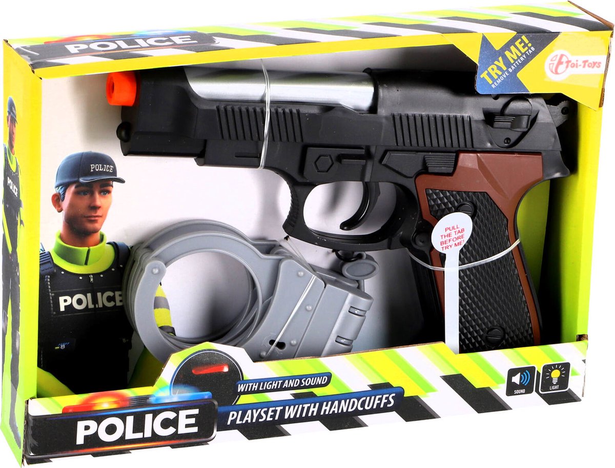 Top1Toys Politieset handboeien en pistool met licht en geluid - Zwart