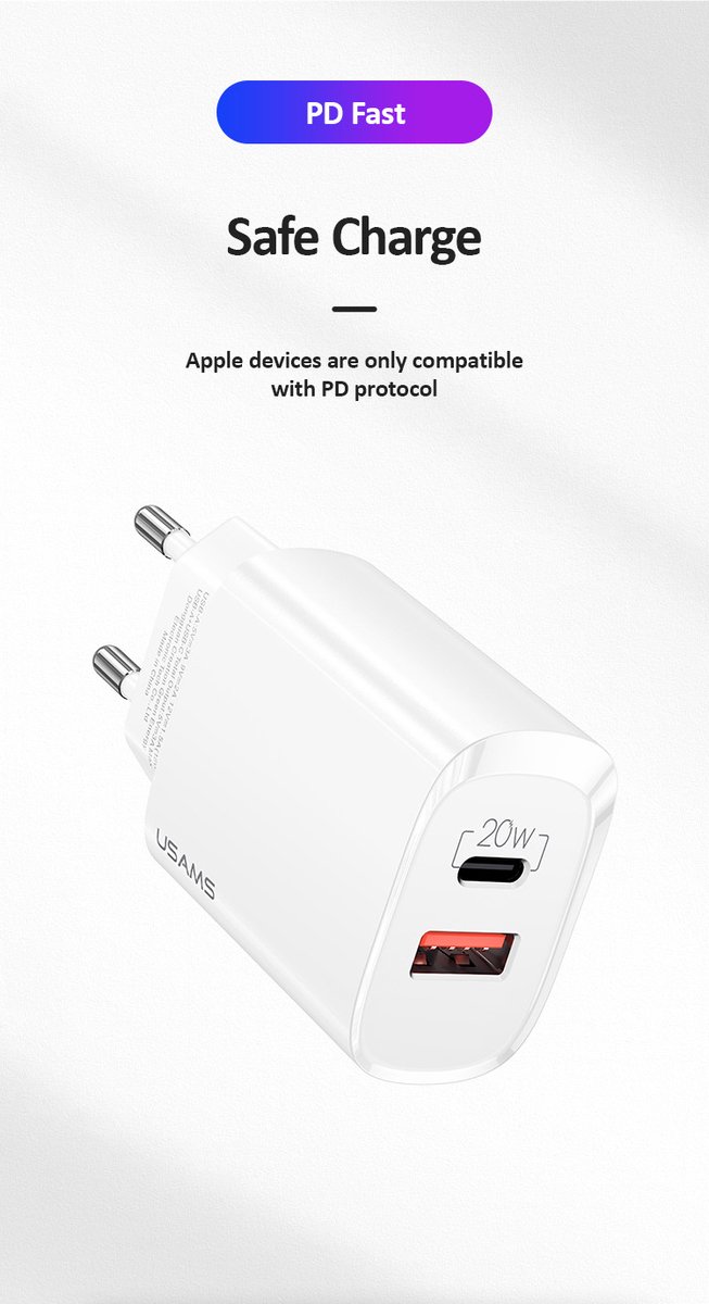 USAMS 20W Adapter met snellaadfunctie - USB-A en USB-C poort - Wit