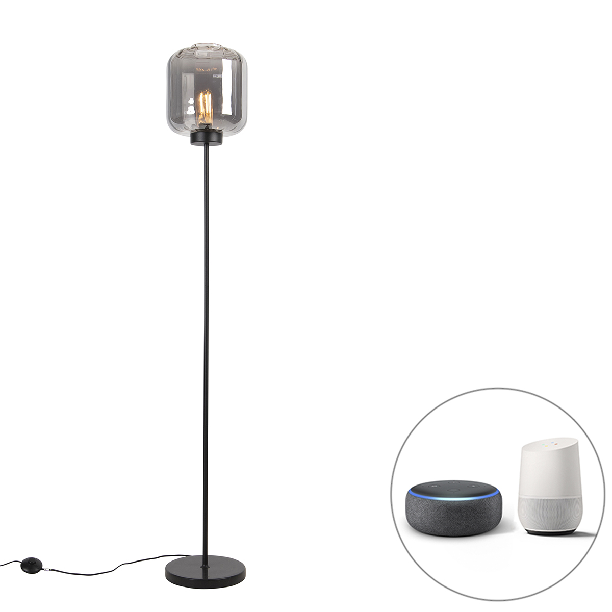 QAZQA Smart vloerlamp met smoke glas incl. Wifi ST64 - Qara - Zwart